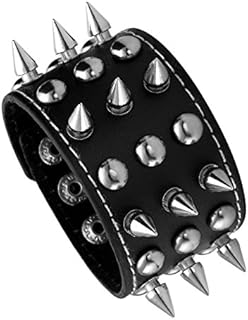 MILAKOO Unisex Black Metal Spike Studded Punk Rock Biker Wide Strap Leather Bracelet Chain Wristband Adjustable