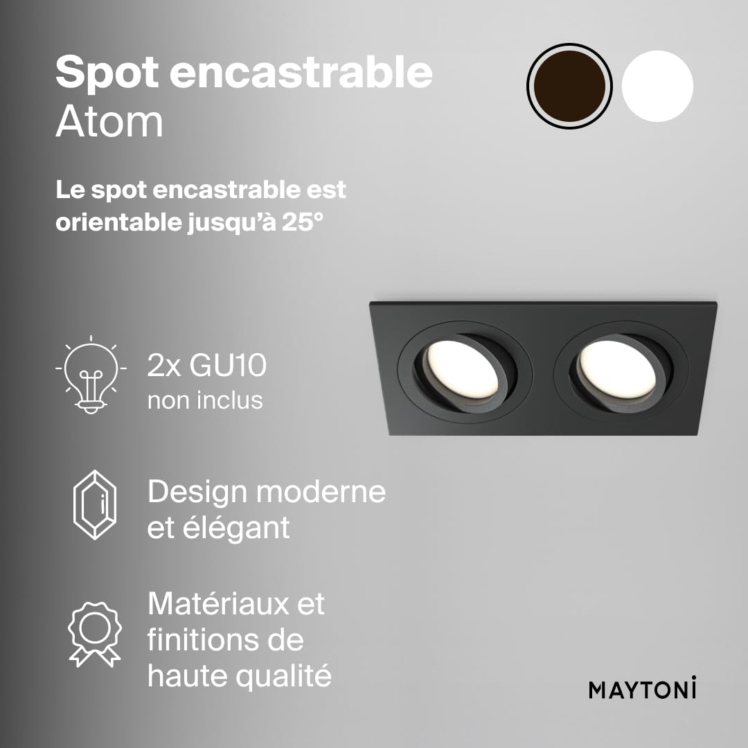 MAYTONI ATOM spot led encastrable carré – Downlight 2 x GU10 (10 W) – plafonnier LED plat en aluminium noir, orientable – luminaire plafonnier design pour cuisine, salon, chambre et couloir