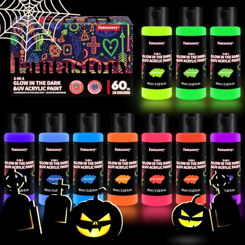 Fantastory Leuchtfarben Nachtleuchtend Farbe 10x60ml, Wasserfest Acrylfarbe Glow in the Dark Farbe, Schwarzlicht ; für Halloween Steine, Leinwände (Fluoreszierende Serie)