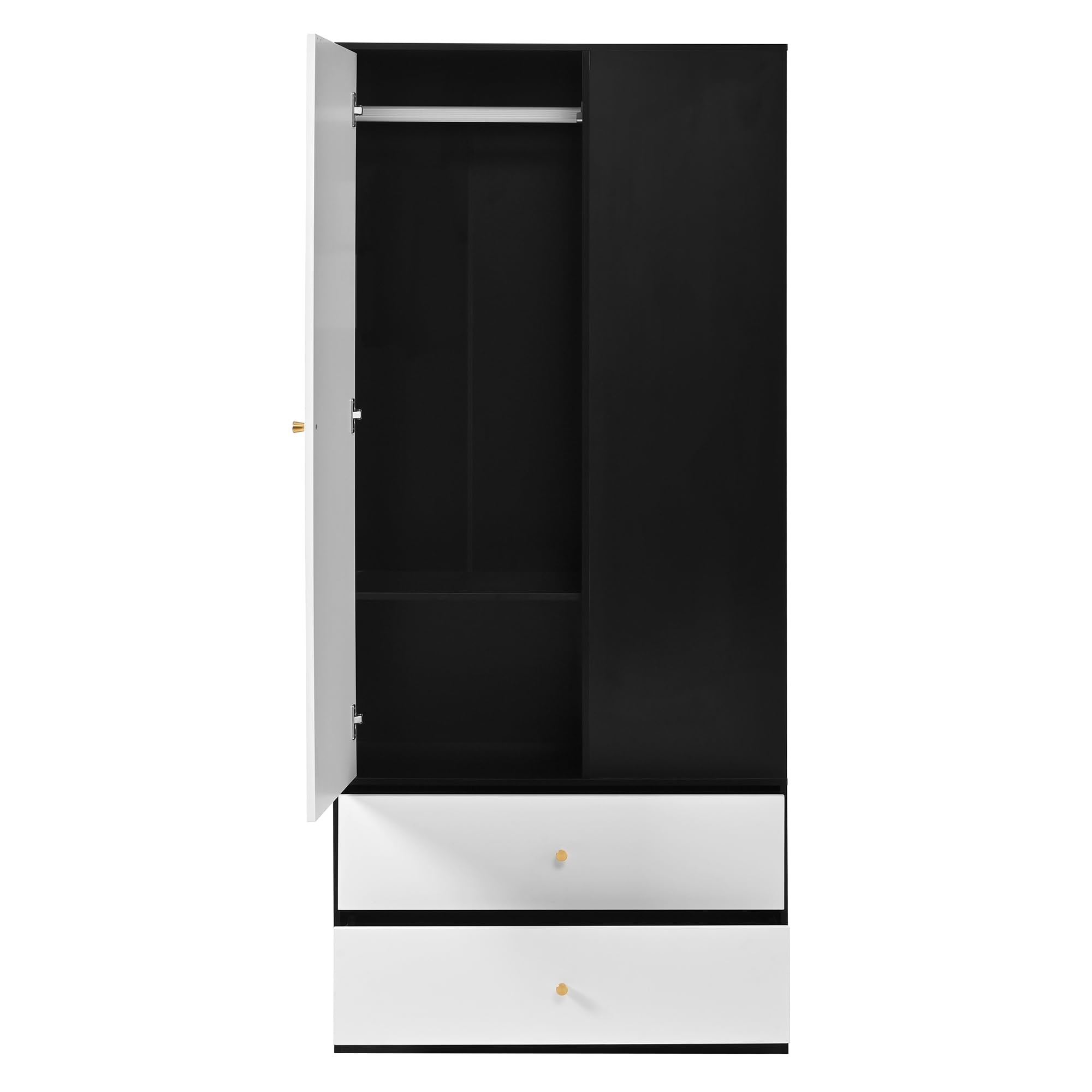 Armario con espejo y una puerta. Perchero moderno con 2 cajones y 4 estantes, ideal para almacenamiento versátil en el dormitorio. Blanco+Negro, Dimensiones: 80 x 40 x 180 cm