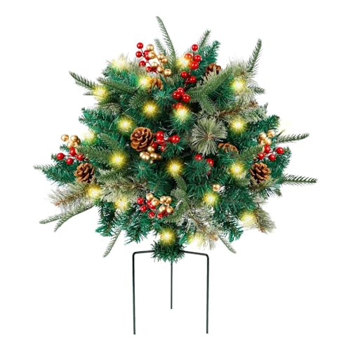 Generisch Relleno de Navidad iluminado, árboles de Navidad iluminados con bayas doradas y rojas, poste de tres patas y luces LED, relleno de macetas iluminado para exteriores (verde, 40 cm)