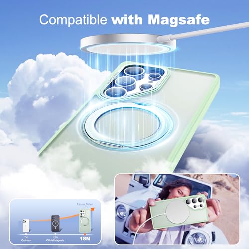 Image of for Samsung Galaxy S25 Ultra Case with 360Rotatable Magnetic Ring Stand Compatible with Mag-Safe Military Protection Shockproof Matte Translucent Phone Cases for S25 Ultra 6.9 inch,Green