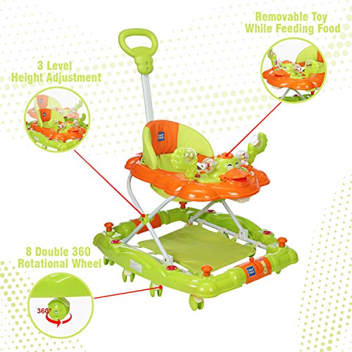 Image of Mee Mee Baby Walker & Rocker - 3 Level Adjustable Height, Foot Mat - Light & Musical Activity Tray - Detachable Cushioned Seat - 360 Rotational Wheels - 6-18 Months - 15kg - (Green)