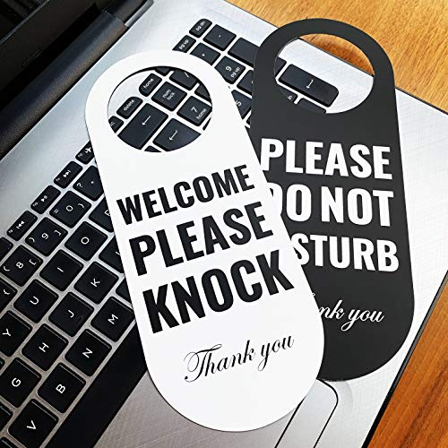 Do Not Disturb Door Hanger Sign 2 Pack (Black/White Double Sided) Please Do Not Disturb On Front And Welcome Please Knock On Back Side, For Office Home Clinic Dorm Online Class And Meeting Session #TOP2