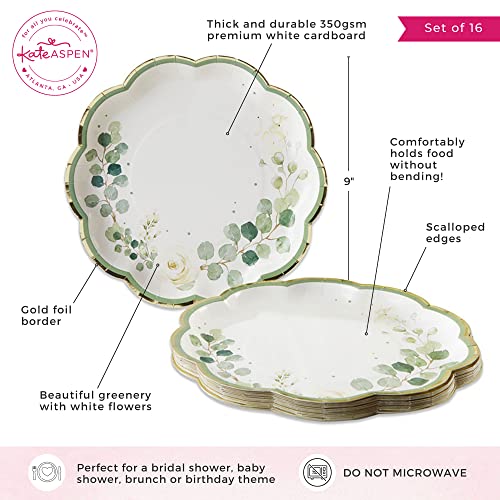 Kate Aspen Sage Green Party Decorations, Eucalyptus Floral 9 in. Decorative Premium Paper Plates (350 GSM weight -Set of 16) - Perfect for Greenery Baby Shower & Bridal Showers