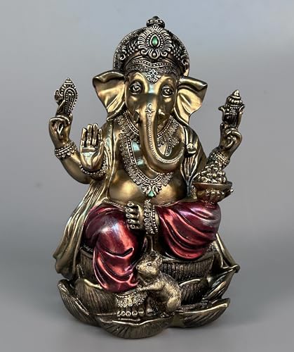 JORAE Ganesh Statue Elephant Buddha Sitting on Lotus Pedestal Lord Blessing Home Decor Hindu God Collectible Antique Bronze Finish Meditation Figurine, 7.2 in, Polyresin