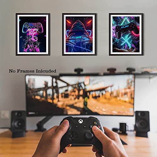 Neon Gaming Art Posters, 12"X16" Video Game Canvas Wall Art, Gamepad Playstation Controller Decorative Interior Painting Wall Art Posters For Teenage Boys Room Playroom Decor, (Set Of 3-Unframed) #TOP1