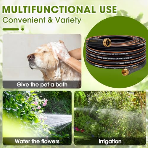 FXFOUCS Heavy Duty Garden Hose – 5/8 Inch Flexible, Lightweight Hybrid Hose with 600 PSI Burst Pressure, Swivel Handle,All-Weather Water Hose, Durable Copper Male/Female Fittings (Black, 50FT)