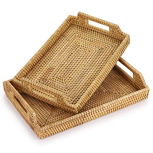 Hipiwe 2PCS Wicker Basket Serving Tray with Handles Handwoven Rattan Baskets Storage Trays Home Decorative Organizer Tray for Snack Fruit Breakfast Food Coffee Bread Gift for women Girls