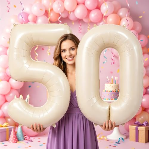 Image of Number Balloons for Birthday Decorations - 40 Inch Large Party Balloons 50, Cream Foil Number Balloons for Boys Girls, Balloons for Party Supplies