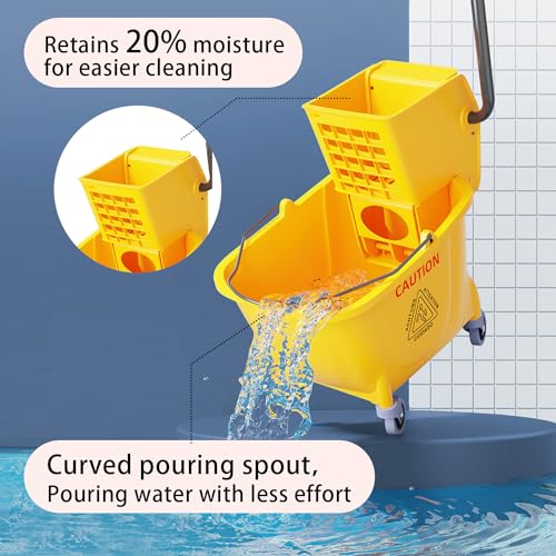 Image of Commercial Mop Bucket with Side Press Wringer on Wheels,Industrial Heavy Duty Mop ldeal for Household and Public Places Floor,35-Quart(Yellow)