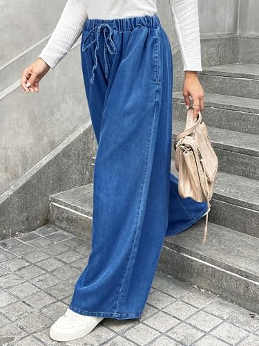 Baggy Wide Leg Jeans for Women Plus Size Loose Elastic Waist Long Denim Pants with Pockets Casual Drawstring4