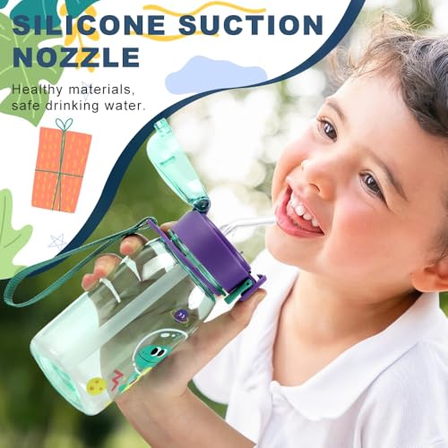 MHwan Trinkflasche Kinder, 400ml Robuste und Bruchsichere, Süßer Dinosaurier Trinkflasche Auslaufsicher mit Strohhalm, BPA-Frei, Tragbare Kinder Wasserflasche Geeignet für Schule Reisen