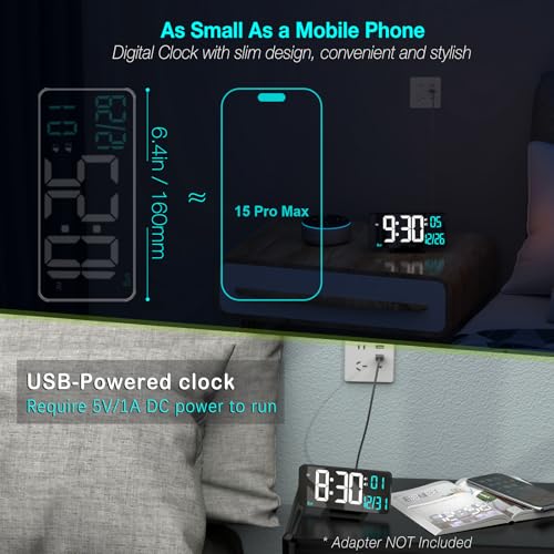 Image of KOSUMOSU Digital Alarm Clock 6.7in Black Clock for Bedroom, Dual Alarm, Date, Seconds,Day of Week,12 /24h,Dimming, Temp, Desk Clock, LED Clock for Living Room, Calendar Digital Clock