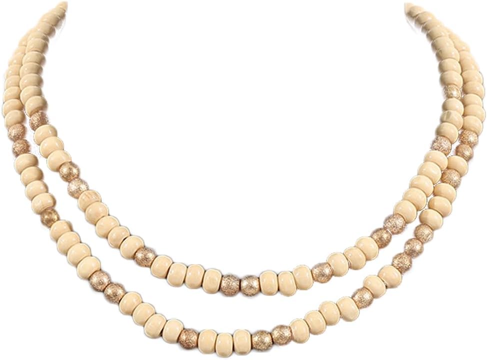 COLORFUL BLING Layered Boho Wood Beaded Choker Necklace Vintage Natural Wooden Bead Collar Necklace for Women Handmade Tribal Bohemian Jewelry