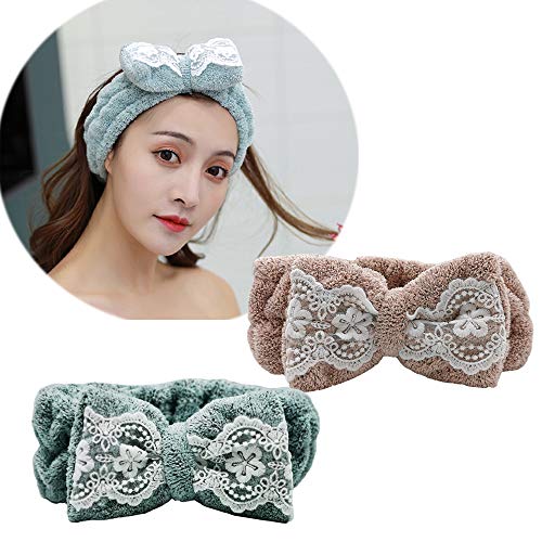 CHuangQi Cute Makeup Hairband with Bow, Spa Facial Mask Headband, Bow Head Wraps for Washing Face & Shower, Seamless Stretchable Headwear for Girls & Women (Lace Bow(Pack of 2))
