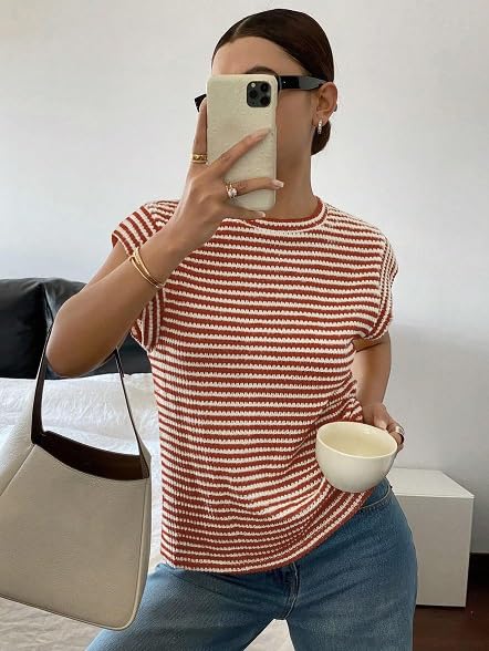 Image of Jawdrobe Women's Striped Western Top Round Neck Cap Sleeve T-Shirt for Women