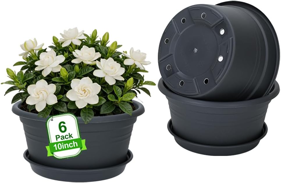 MRPAPA 6Pack Round Plastic Pots for Plants, Outdoor Planters with Drainage Hole & Tray Saucer, Decoration Large Flower Pots for Indoor Outdoor Garden Home Plants (6, Gray White, 10 Inch)