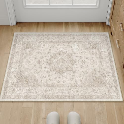 PureCozy Vintage Felpudo Entrada Casa Alfombra 60x90cm Beige Habitacion Lavables en Lavadora Antideslizante Alfombras Pie de Cama Cocina Pequeña Carpet Pelo Corto Rug