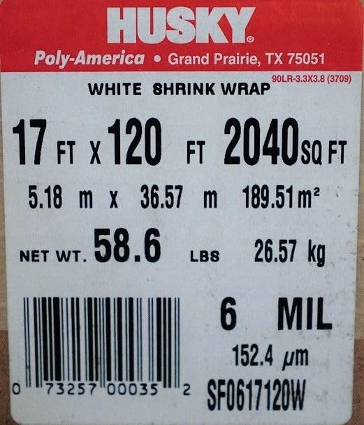 Husky White Shrink Wrap 17' x 120' 6 Mil - Polyethylene Plastic for Boat Marine Protection and Storage - Free Ground Shipping