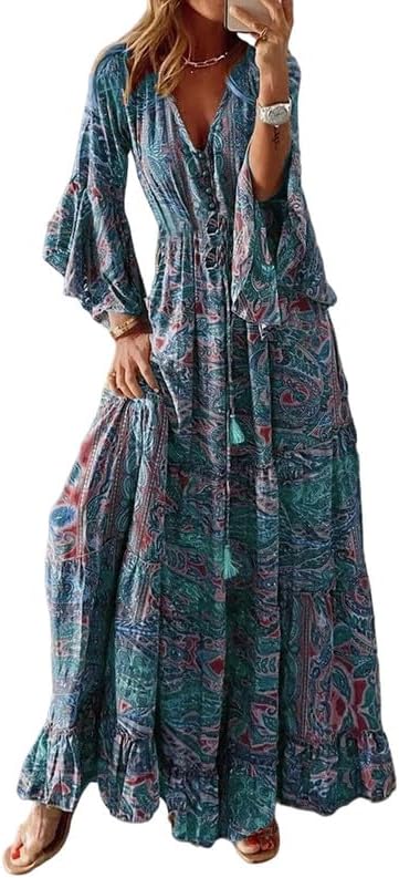 Womens Red Boho Long Sleeve Maxi Dresses Oversized Vintage Graphic Print Casual Flowy Long Dress for Fall Spring