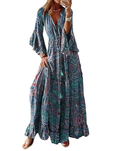 Womens Blue Boho Long Sleeve Maxi Dresses Oversized Vintage Graphic