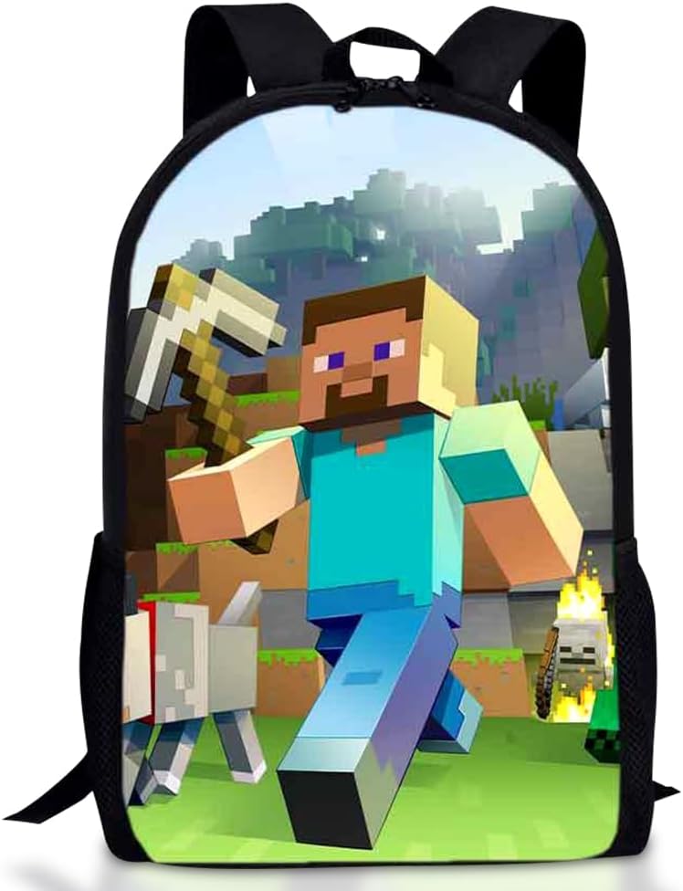 FCXVXCL Minecr Backpack, Children’s Schoolbag Cartoon Preschool Book Bag 3D Printed Rucksack Children’s School Bag Toddler Daypack Lightweight Backpack Canvas Rucksack Gift for Kids (17 Inch)