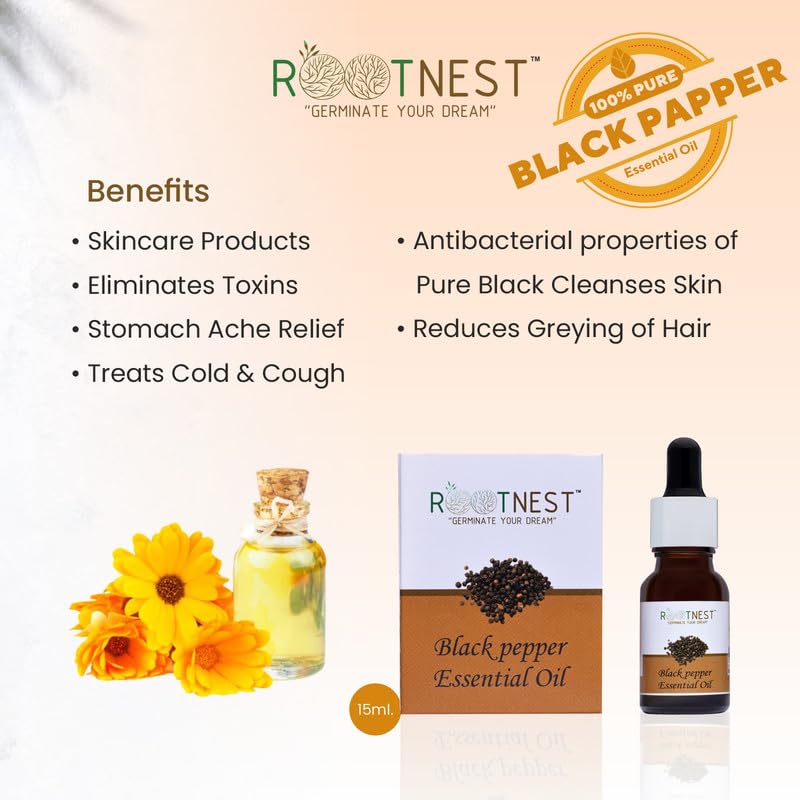 Rootnest | Black pepper Essential Oil | Invigorating Black Pepper Zing | Pungent & Spicy Essence | Commonly Used in Aromatherapy | For Energizing Scent, Digestion & Antioxidants | 15ml Rootnest | Black pepper Essential Oil | Invigorating Black Pepper Zing | Pungent & Spicy Essence | Commonly Used in Aromatherapy | For Energizing Scent, Digestion & Antioxidants | 15ml