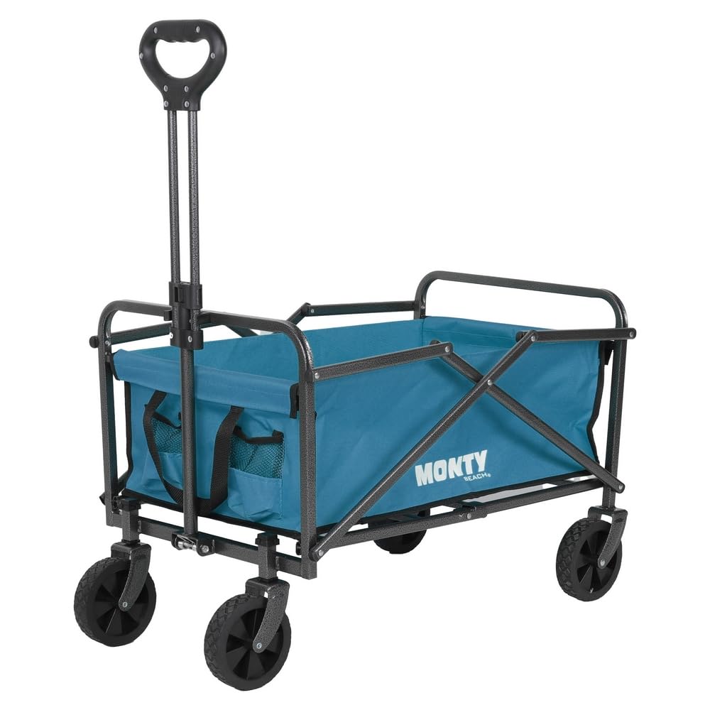 MONTY Carretilla Trolley Plegable Azul | 55 litros, 60 Kg | Estructura Acero con Pintura Anticorrosión, Mango Telescópico y Ruedas Giratorias Todoterreno | 2 Portabotellas