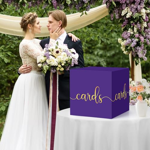 Image of Hooqict Purple Card Box with Slot 9.1 inch Gold Foil Gift Card Box for Party, Graduation, Wedding Reception, Birthday, Retirement, Raffle Ticket Money Envelope Holder