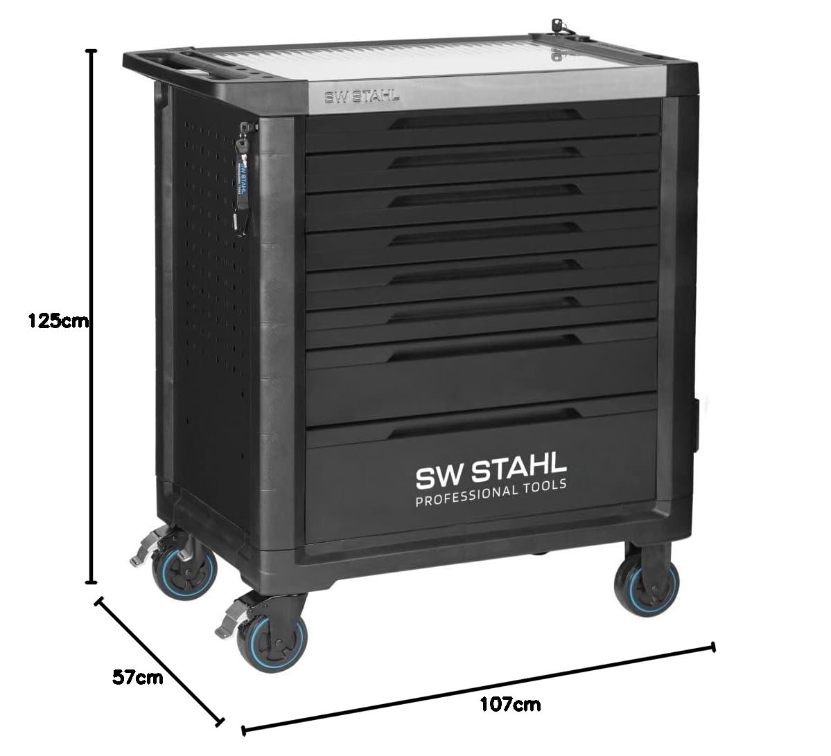 SW-Stahl Z3212 Profesjonalny Wózek Warsztatowy TT802 z Narzędziami, 338 el. | Wózek z wyposażeniem, 8 szuflad, stal nierdzewna, system Twin-Lock, kółka TPE, perforowane ścianki i uchwyty na akcesoria.
