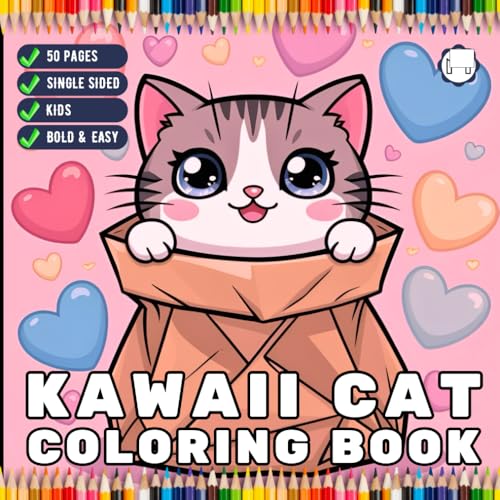 Cute Kawaii Cat Coloring Book Gift for Kids Boys Girls Teens Youth 50 Pages Single Sided Kawaii Kitten Coloring Sheets for Child