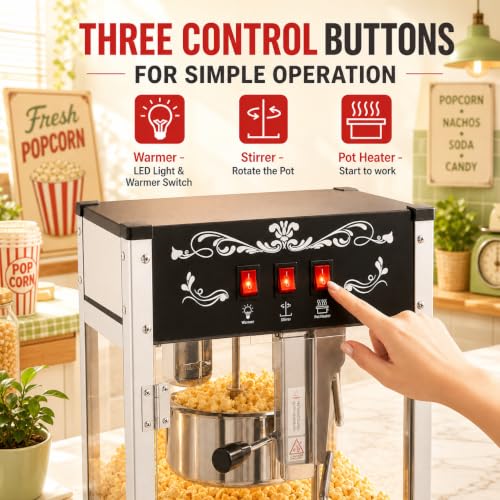 Image of Commercial Popcorn Machine With 20 OZ Kettle for Theater Style, Black | Countertop Popcorn Machine Stainless Steel, 3-Switch Control, for Home, Movie Night, Parties, Office, School, Business