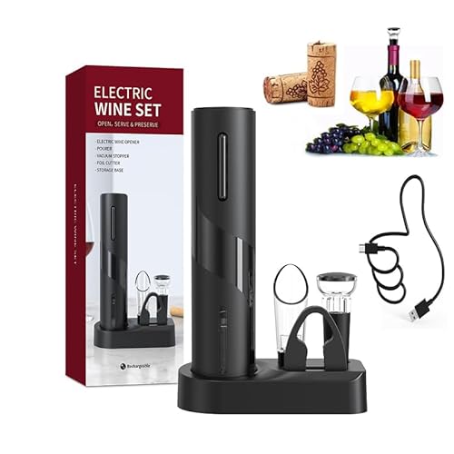 Electric Wine Bottle Opener Rechargeable Wine Corkscrew Opener Gift Set with Foil Cutter, Wine Aerator Pourer and Vacuum Wine StopperIdeal Present for Party, and Home Entertaining.(BLACK)