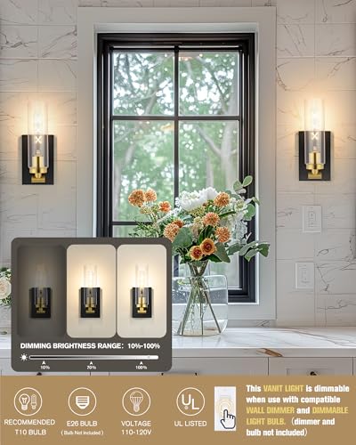Image of Emak Black and Gold Wall Sconces Set of Two, Modern Wall Sconce with Clear Glass Shade, Farmhouse 2 Light Bathroom Vanity Light for Living Room, Bedroom, Gallery, WS086-BKBGD-CG-2PK