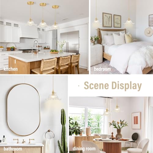 Vintage Pendant Lights Kitchen Island, Adjustable Brass Pendant Light Fixtures with Transparent Lily Glass Lampshade, Gold Kitchen Pendant Lighting Over Island, Pendant Light for Dining Room Hallway — view 2