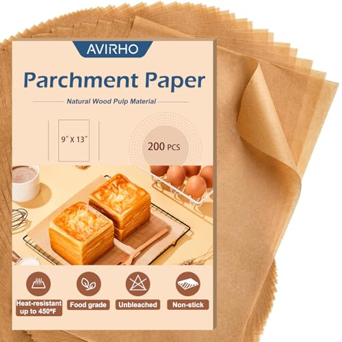 Parchment Paper Baking Sheets, 9 x 13 Inch, 200 Count Precut Non-Stick Unbleached Baking Paper Liners for Oven, Grill, Air Fryer, Steaming, Multipurpose for Bread, Cupcakes, Cookies and More