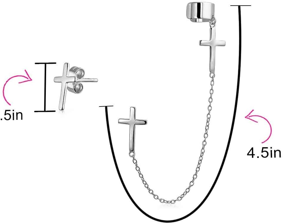 Simple Religious Cross Threader Long Chain Ear Cuff & Stud Earring Set For Women Teen Rose Gold Plated .925 Sterling Silver