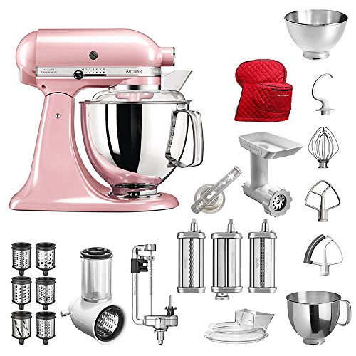 Preisvergleich Produktbild KitchenAid Küchenmaschine Artisan, 5KSM175PS, Bestseller Paket inkl. Gemüseschneider, Fleischwolf, Spiralschneider, Nudelvorsatz, Spritzgebäckvorsatz, Abdeckhaube und Standardzubehör (Seidenpink)