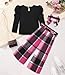 MIGU 2T-3T Girl Clothes Cute Toddler Girls Outfits Black Puff Sleeves Cotton Long Sleeve Tops Cherry Pink Plaid Pants Headband 3Pcs Girls Fashion Se