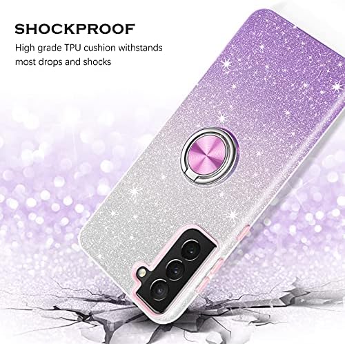 YINLAI Samsung S21 Case Bling Glitter Sparkle Shiny for Girls Women with 360 Grad Ring Holder Kickstand Protective Phone Case for Samsung S21 6.2 Inch, Purple Gradient