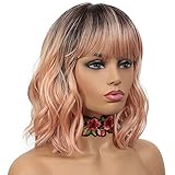 NOBLE Pink Wigs with Bangs Synthetic Non Lace Wig Natural Wave Short Curly BOB Hair Wigs for Cute Girl Colorful Ombre Wig (12inches, rose pink)