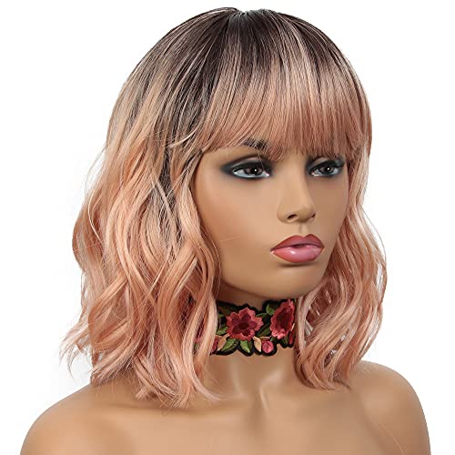 NOBLE Pink Orange Wigs Bob Curly Wavy Wigs with Air Bangs for Women Synthetic Short Wavy Wigs with Bangs Heat Resistant Synthetic Fiber Wigs for Daily Party Cosplay Costume Wigs