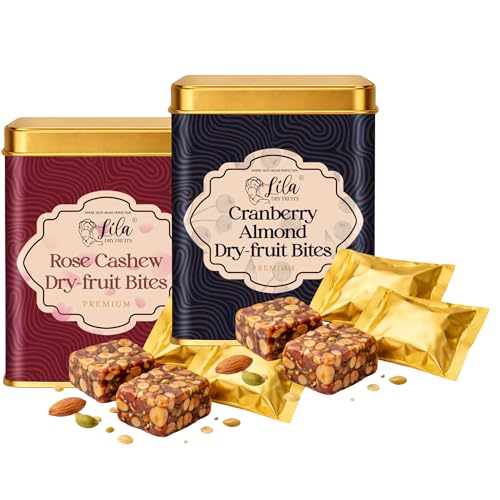 Image of LILA DRY FRUITS Dry Fruit Bites Combo 200 g x 2 Cranberry Almond & Rose Cashew Dry Fruits Barfi | Natural Dates Energy Snack | Dry Fruit Sweet Bites for Snacking Perfect for Gifting