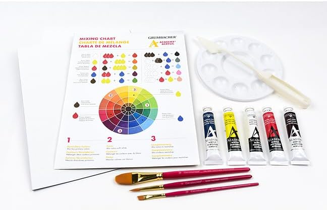 Grumbacher Academy Acrylic Get a Start in Art Set, Includes 2 Canvas Panels, Mixing Guide, 3 Brushes, Palette, Palette Knife and More (AASTARTSET)