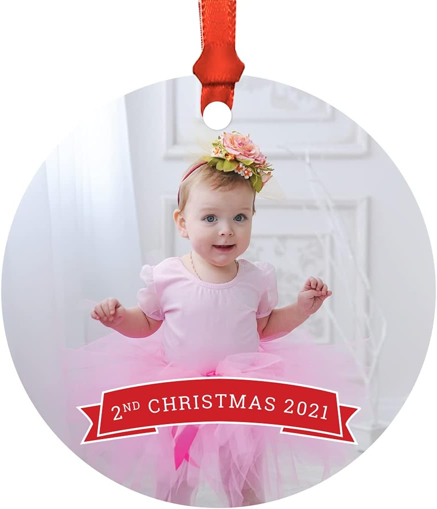 Andaz Press Photo Personalized Christmas Ornament, Red Banner, 2nd Christmas 2026, 1-Pack, Includes Ribbon and Gift Bag, Custom Image
