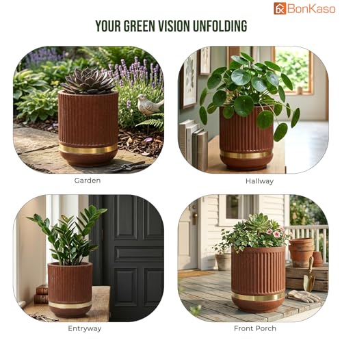 Image of BonKaso 14 Inch Tower Plant Pot for Indoor & Outdoor | Modern Lightweight Polymer Planter | Weather, UV & Frost Resistant | Ideal for Living Room, Balcony, Office & Nursery (Antique Brown)