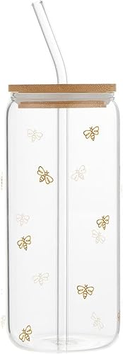 Santa Barbara Design Studio Cold Brew Glass Tumbler With Lid And Straw Glass Cup with Bamboo Lid, 20-Ounce, Gold Bees