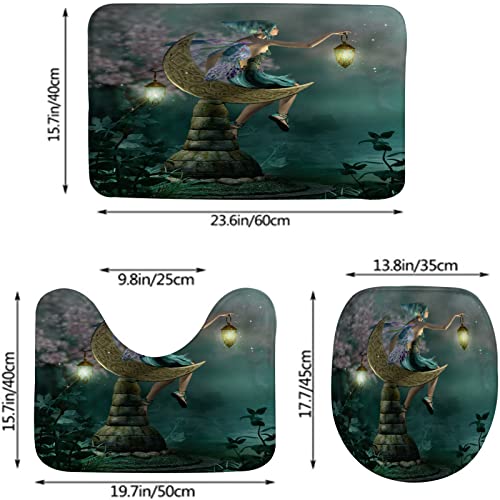 Badezimmerteppich-Set, 3-teilig, Kleiner Pixie mit sitzendem Mondstein, märchenhafter Mythos, waschbarer Badvorleger, rutschfest, mit Rückenpolster, Konturteppich und Toilettendeckelbezug – Bild 3