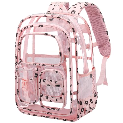Image of Three-layer Clear Backpack, Heavy Duty Clear Bookbag for Kids, See Through Backpack Transparent Bag for Girls Boys (Pink Leopard)
